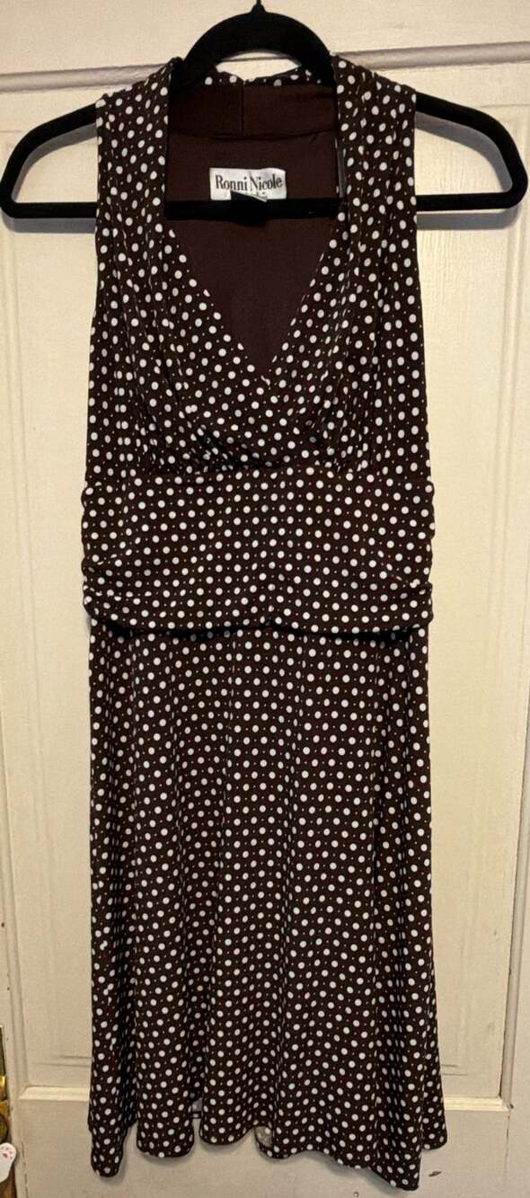 Ronni Nicole Petite Brown and White Polka Dot Halter Dress Size 12P